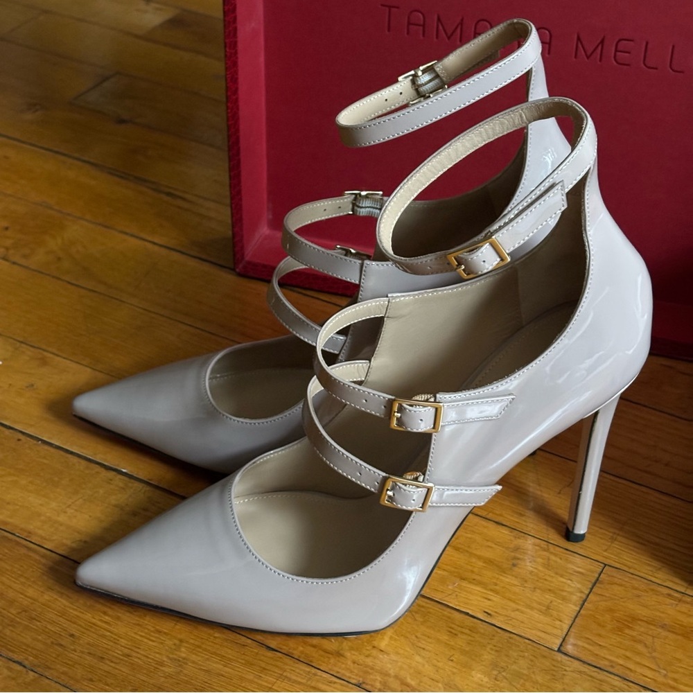 Tamara Mellon Pistol 105 Patent Strappy Heels in Taupe Nude 39.5